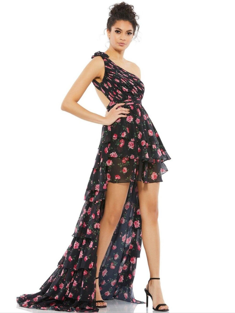Mac Duggal One-Shoulder Black Floral High-Low Dress NWT